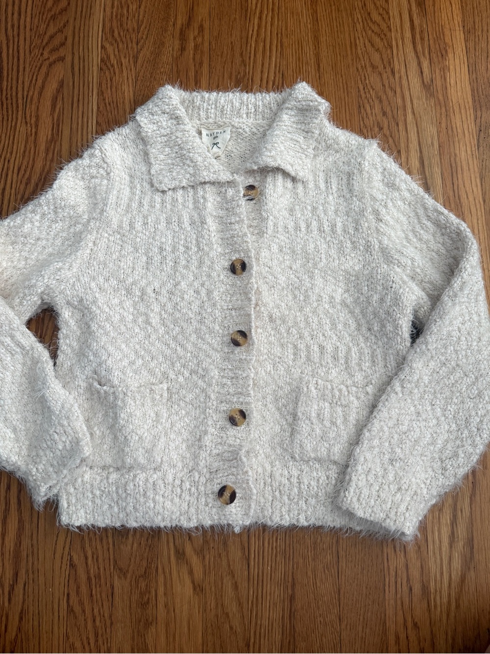 Hayden Girls fuzzy knit cardigan cream sweater L